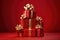 Gift boxes on a red background. 3d rendering toned image, A pile of presents with gold bows and bows on top of each other, with a