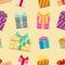 Gift boxes with ribbon bows seamless pattern