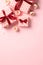 Gift boxes for Valentine\\\'s day on pastel pink vertical background. Top view, flat lay