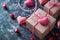 Gift boxes on Valentine`s Day, pink and red handmade heart shapes on blue table or floor. Romantic home design. Concept of happy
