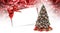 Gift card with decorated christmas tree full of red and silver balls, decorations and wrapped  packages isolated on white and