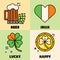 Gift card, design for celebrities with beer, leprechaun gold, Irish flag and quatrefoil. Holida