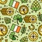 Gift card, design for celebrities with gold, Irish flag and clover. Holiday poster, greeting banner,