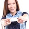 Gift card. Excited woman showing empty blank paper card sign