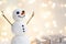 Gift card with a new year and christmas with a picture of a snowman with a sleigh against a backdrop of glowing garlands