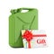 Gift Card with Red Ribbon in front of Red Metal Jerrycan. 3d Rendering