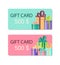 Gift card voucher. Discount coupon with presents in flat style. Ticket for free purchase on birthday. Premium certificate for buy