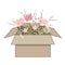 Gift cardboard box with beautiful spring doodle flowers on white background. Vector illustration