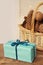 Gift in a cardboard box tied with a blue satin ribbon, beautiful pine cones in a wicker basket on a light festive background with