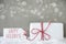 Gift, Cement Background With Bokeh, Text Happy Holidays