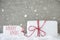 Gift, Cement Background With Snowflakes, Text Merry Xmas