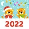 Gift color greeting card. Tiger simbol in a santa hat. Cute cartoon character. Happy New Year and Merry Christmas. Animal holding