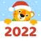 Gift color greeting card. Tiger simbol in a santa hat. Cute cartoon character. Happy New Year and Merry Christmas. Animal holding