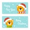 Gift color greeting card. Tiger simbol in a santa hat. Cute cartoon character. Happy New Year and Merry Christmas. Flat style.