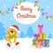 Gift color greeting card. Tiger simbol in a santa hat. Cute cartoon character. Happy New Year and Merry Christmas. Flat style.