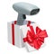 Gift concept, bar code reader inside gift box. 3D rendering