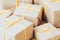 Gift delivery service beige boxes yellow cord