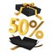 Gift discounts. Discount in a black gift box with gold symbols and ribbon. Holiday Sale Banner sign in department store, 50% OFF
