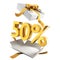 Gift discounts. Discount in a white gift box with gold symbols and ribbon. Holiday Sale Banner sign in department store, 50% OFF