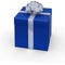 Gift in a festive blue box with a silver ribbon , 3d render, isolate, new year