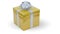 Gift in a festive golden box with a silver ribbon , 3d render, isolate, new year