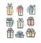 gift icon set. Color simple present box with ribbon. Hand drawing . Doodle style black ink. different variations