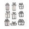 Gift icon set. Color simple present box with ribbon. Hand drawing . Doodle style black ink. different variations pattern