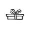 Gift icon. Simple long and low present box with ribbon. Hand drawing . Doodle style black ink.