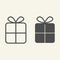 Gift line and solid icon. Christmas present with bow outline style pictogram on white background. New Year giftbox for