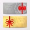 Gift luxury certificate voucher card. Red ribbon elegant celebration coupon. Realistic vector gold and silver discount