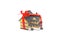 Gift miniature house with red ribbon isolated