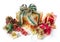 Gift packages christmas red and golden, with decorations