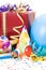 Gift, party hats, horns or whistles, confettis