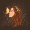 Gift postcard with cartoon beautiful girl in profile with wreath on head and butterfly on nose. Decorative floral background with