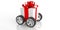 Gift with red ribbon on wheels, white background. 3d illustration