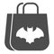 Gift solid icon. Bag with bat, shopping package with creepy night flying mouse. Halloween party vector design concept