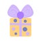 Gift square yellow box in purple polka dots with a bow and a purple ribbon in a flat style on a white background. Gift promotion