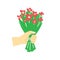 Gift symbol - vector flat line style illustration with hand holding bouquet of flowers.