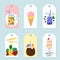 Gift tags with summer elements. Cartoon tropical fruit, ice cream, milkshake, cocktails. Colorful summer labels