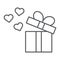 Gift thin line icon, love and package, gift box with hearts sign, vector graphics, a linear pattern on a white