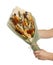 Gift to a real man in the form of a bouquet of dried fish and various snacks in the hands of a man on a white background