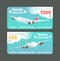 Gift travel voucher, travelling promo card. Ticket with flying airplane in the sky vector set
