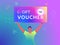Gift voucher concept vector illustration of young man holds over his head big brilliant coupon card like a winner