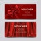 Gift voucher design template. Set of premium promotional card with realistic red bow, ribbon and silk isolated on bokeh