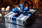 gift wrapped in blue and silver hanukkah-themed paper