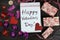 Gift wrapping paper and hearts. Notebook with the inscription Happy Valentine`s Day