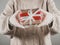 Gift wrapping with rubber gloves. Girl holding gift wrap in rubber gloves