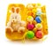 Gift yellow box with decorative bunny, color easter eggs and chi