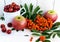 Gifts of autumn: apples, cherry plum, mountain ash on a white background.