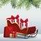 Gifts boxes on sled and shopping bag over gray background